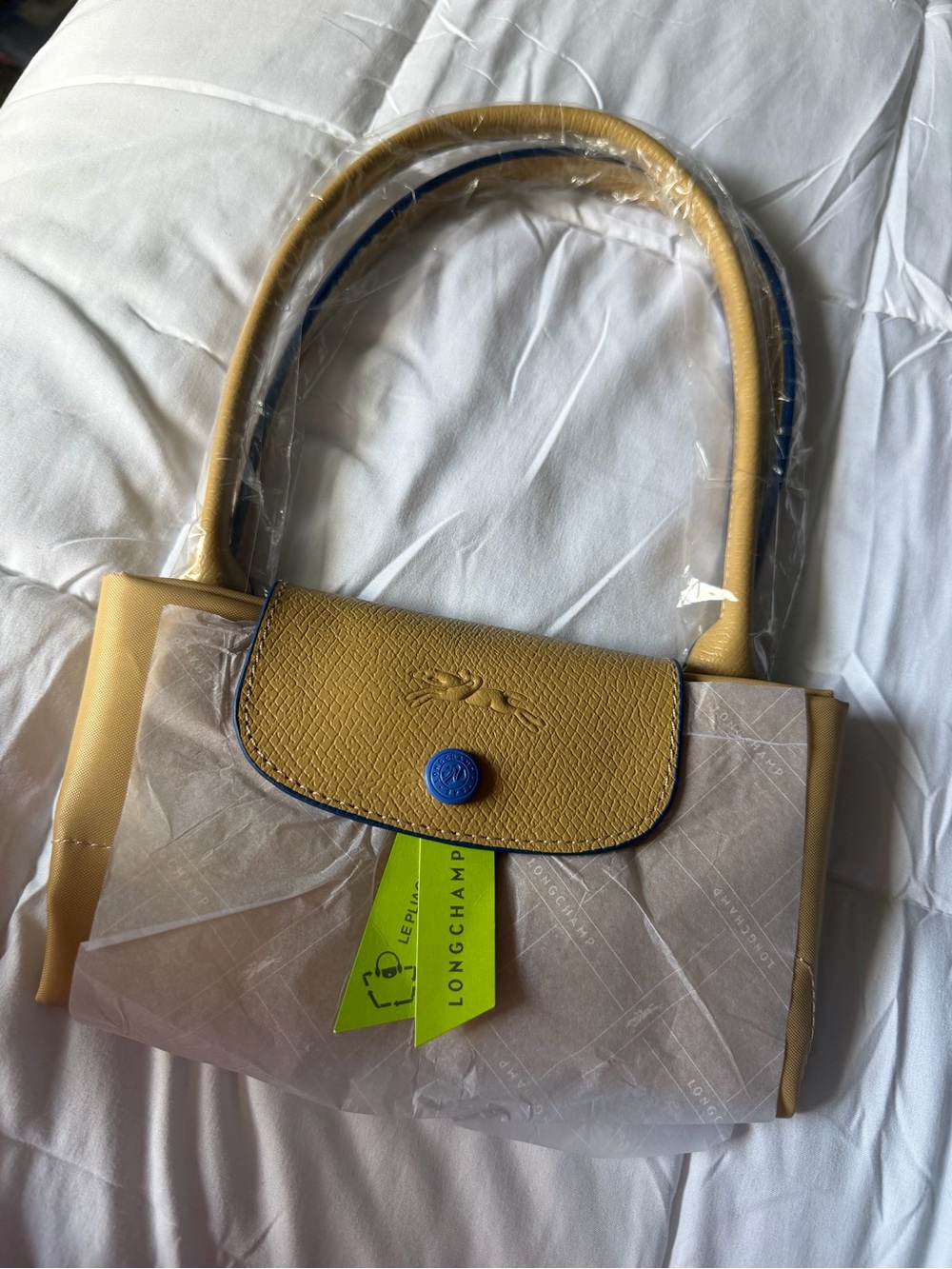 Longchamp MediumTote in Mustard Yellow with Blue Trim
